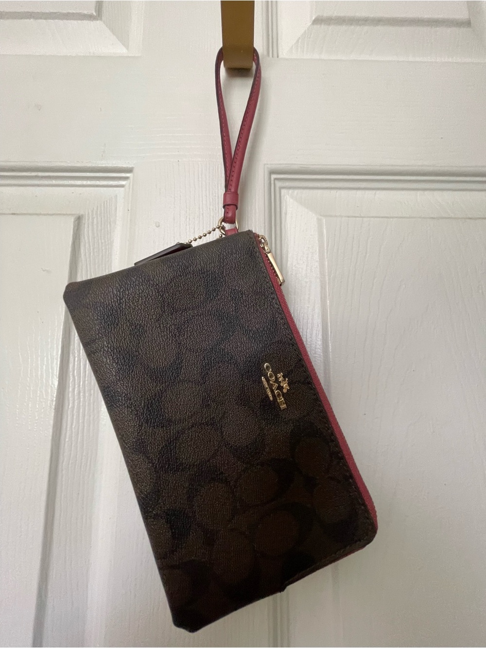 Coach Brown Signature Wristlet with Pink Trim